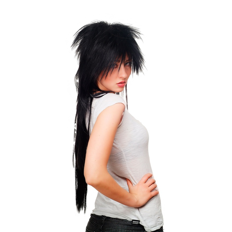 Lady man wig 80’s Hair Metal Hard Rock Glam Goth black teased mullet long 9666