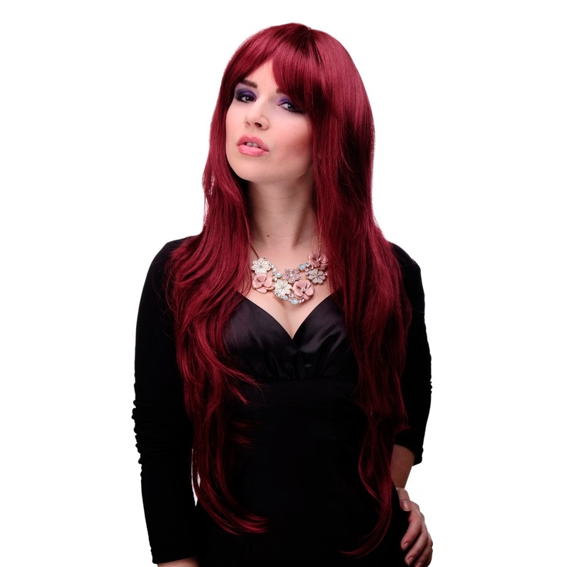Lady women wig extremely long volume layered finge bangs garnet red 6311