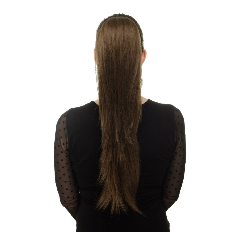 Ponytail clamp combs draw string straight voluminous very long medium brown WK06