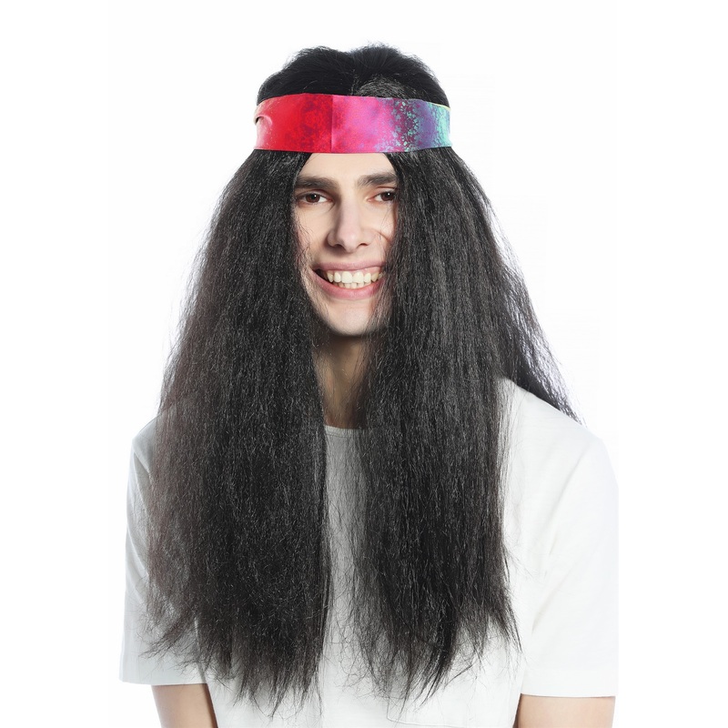 CW-028-P1 Halloween Carnival wig & headband set men women long black 70s Hippie