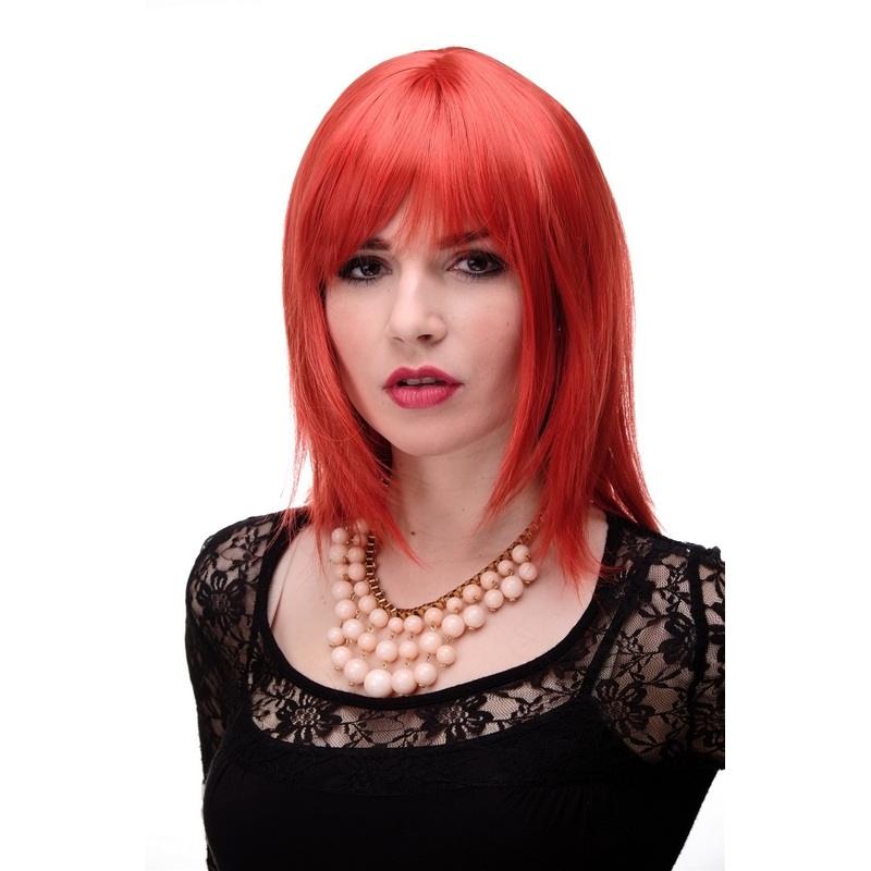 Lady wig medium length fringe parted to side straight layered bright red 3003