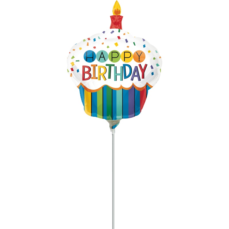 Stick balloon Happy Birthday rainbow cupcake
