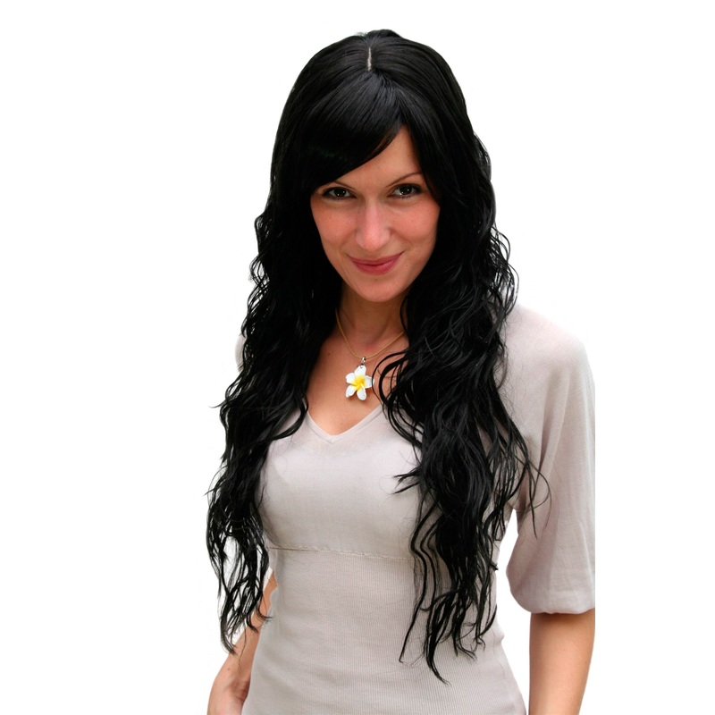 Lady women wig slight curls curled very long coy parting off black Latin 9333