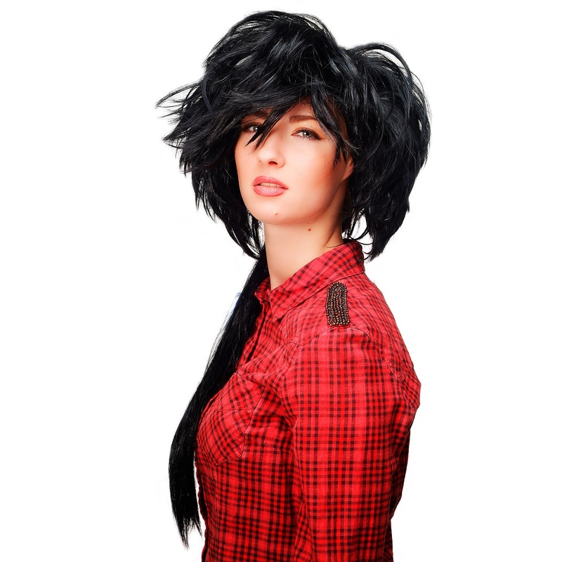 Wig Women teased volume long ponytail 80ies Wave Glam Punk Black & Blue strands