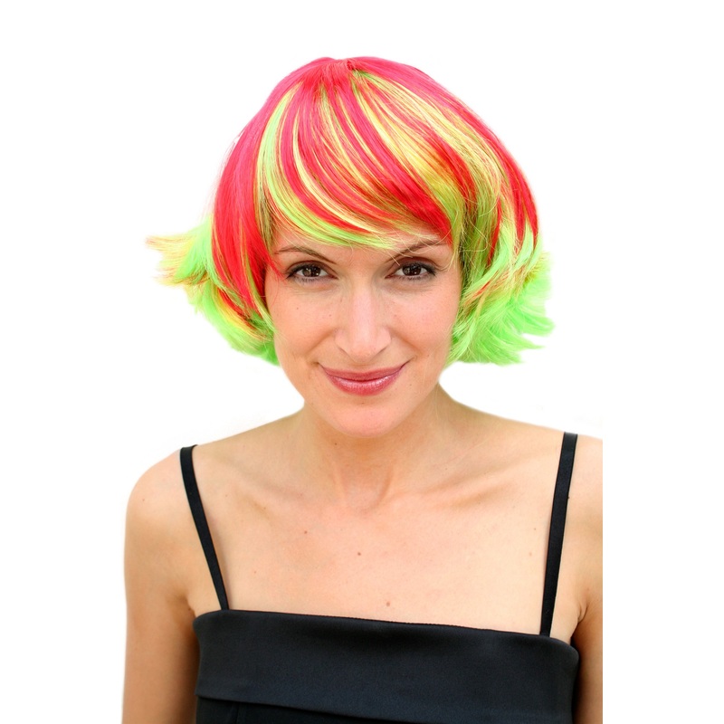 Lady Women Party Bob fringe short red & yellow strands streaked disco LM-203