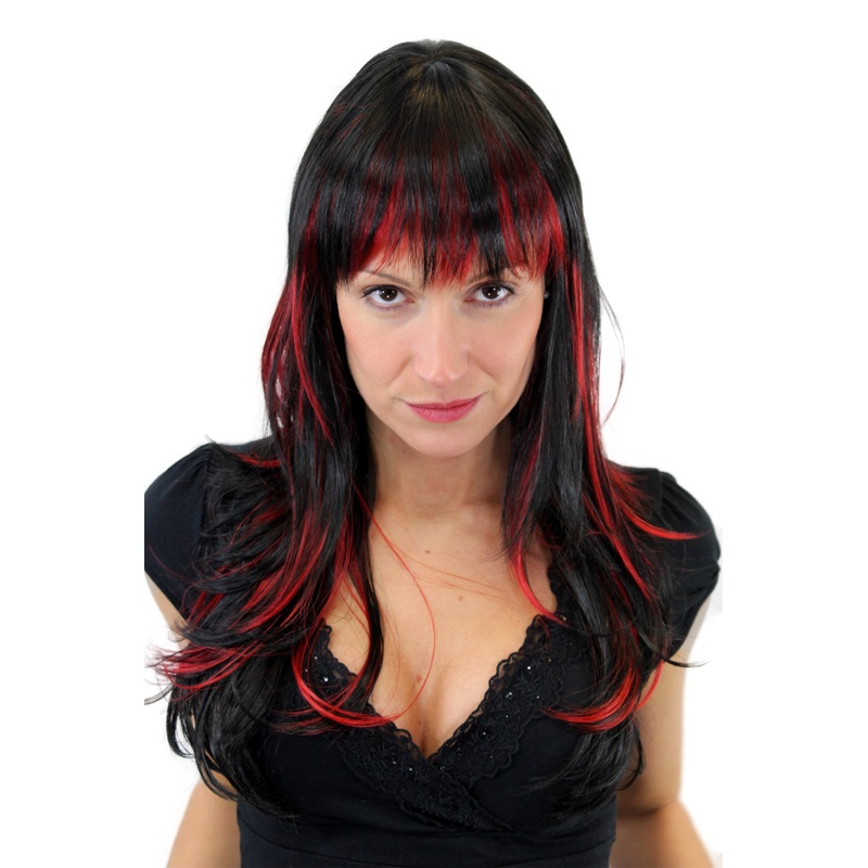 Lady Women Wig wild Black & Red Strands long straight fringe GFW824