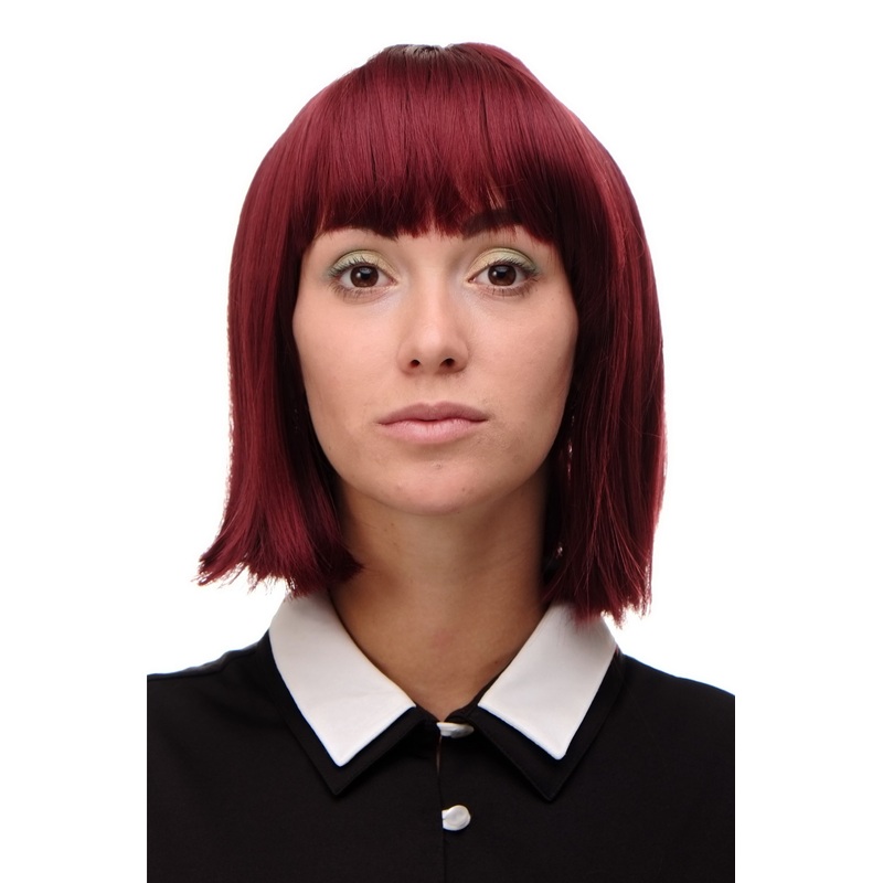 Lady women wig short straight Long Bob fringe bangs aubergine garnet red 7803