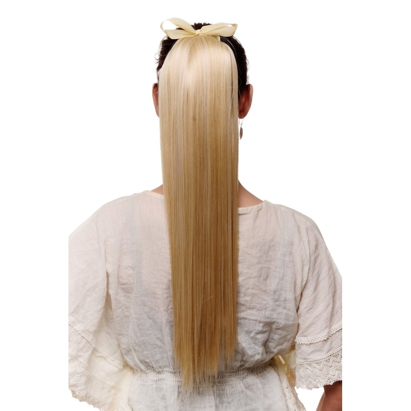 Ponytail comb ribbon wrap-around hair extension long straight light blond C9429
