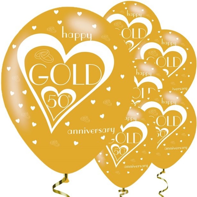 6 Happy 50th wedding anniversary golden latex balloons 28cm