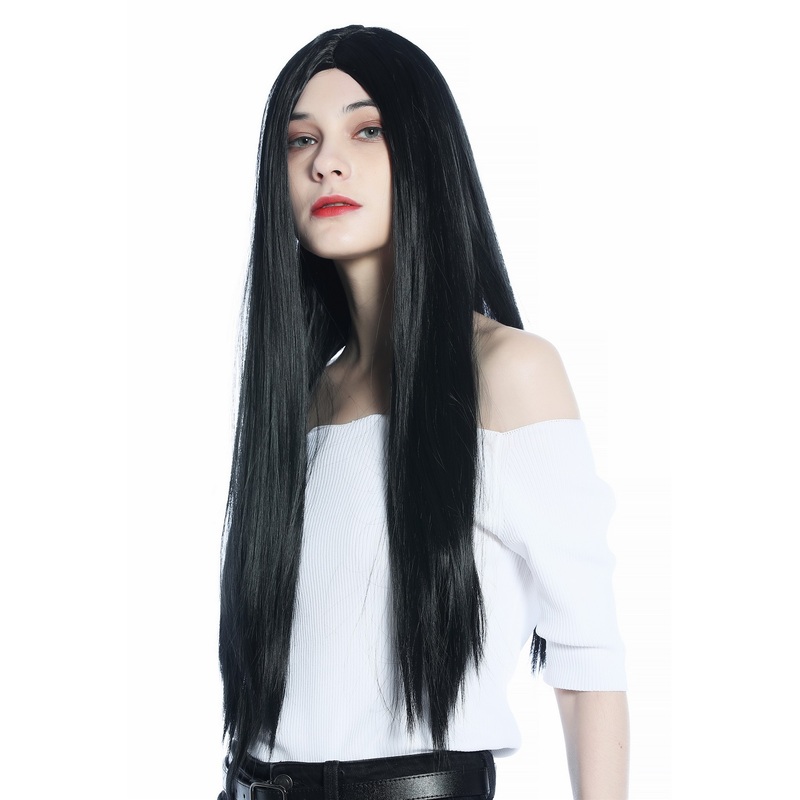 Wig Halloween women men long sleek middle parting deep black Goth CW-049