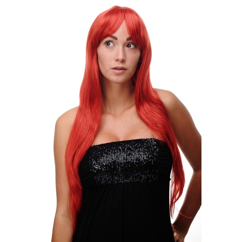 Lady women wig very long fringe can part to side straight fiery red mix 3111