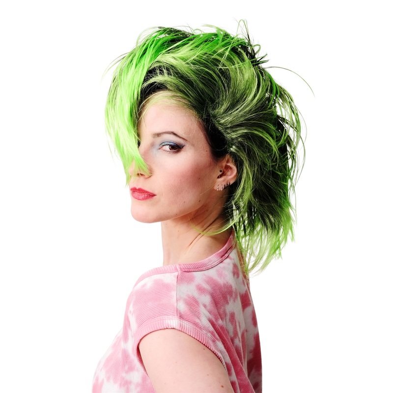 Party Wig Halloween Men Women Mohawk 80’s Wave Glam Punk Black & Green PW0078-1