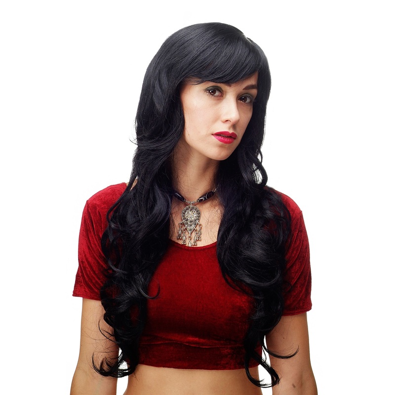 Lady women wig very long wavy long fringe for side parting deep black 9204S