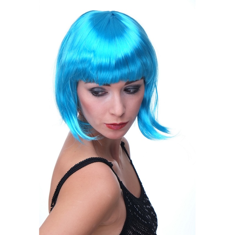 Party Halloween Disco lady women wig Bob fringe bangs short light blu PW0114