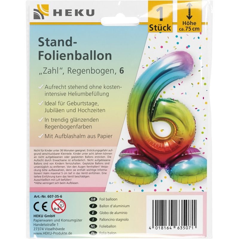 Stand Folienballon Regenbogen Zahl 6 75cm