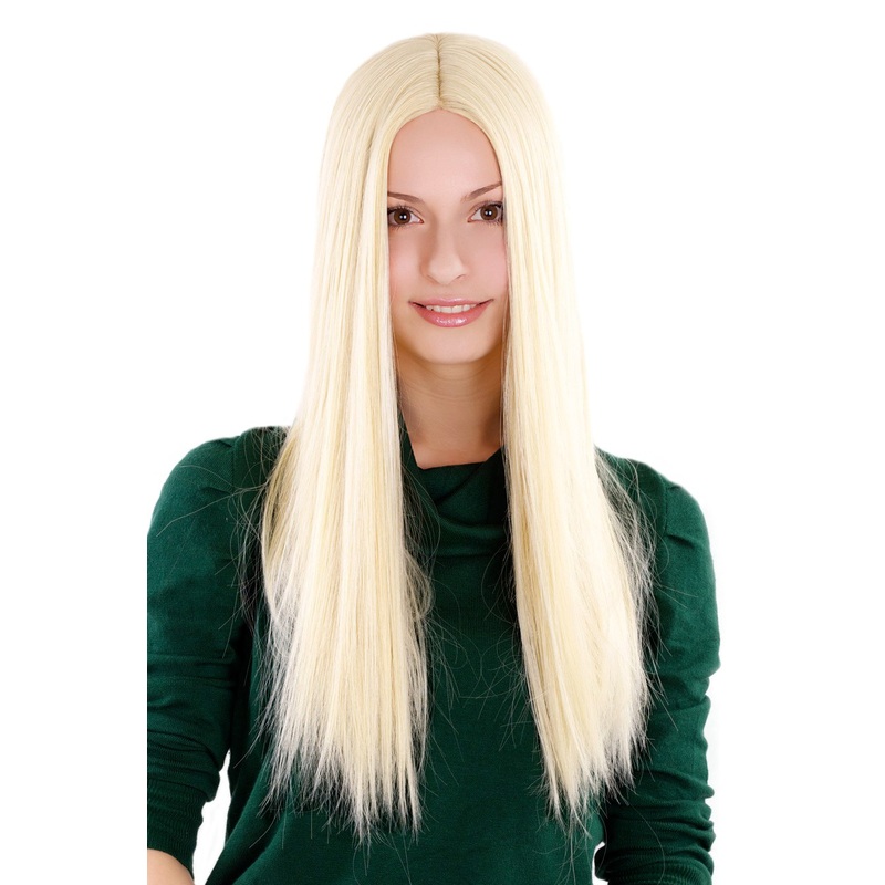 Angelic lady women wig long bright platinum blond middle parting straight 3254