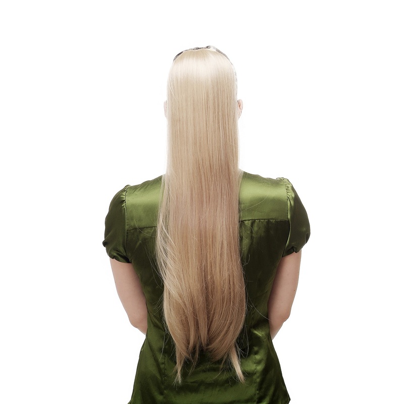 Hairpiece Ponytail comb & ribbon wrap-around long straight ash blond D13001