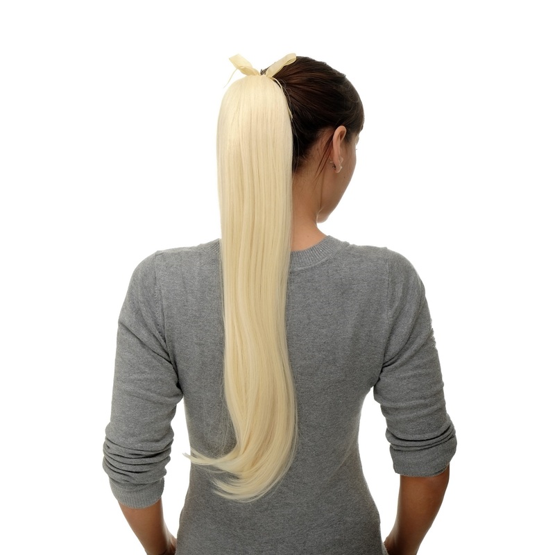Hairpiece Ponytail comb ribbon wrap-around long straight platinum blonde D13001