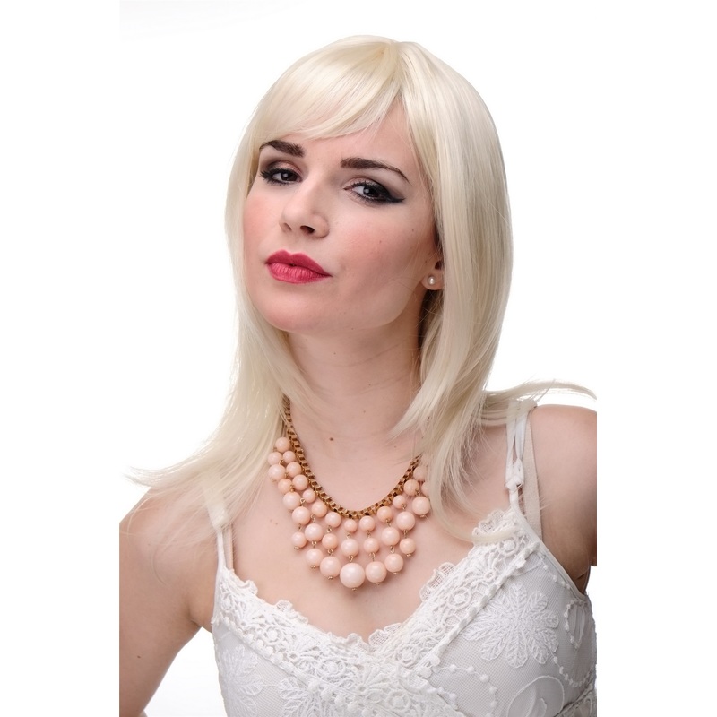 Lady wig medium length fringe parted to side straight layered bright blonde 3003
