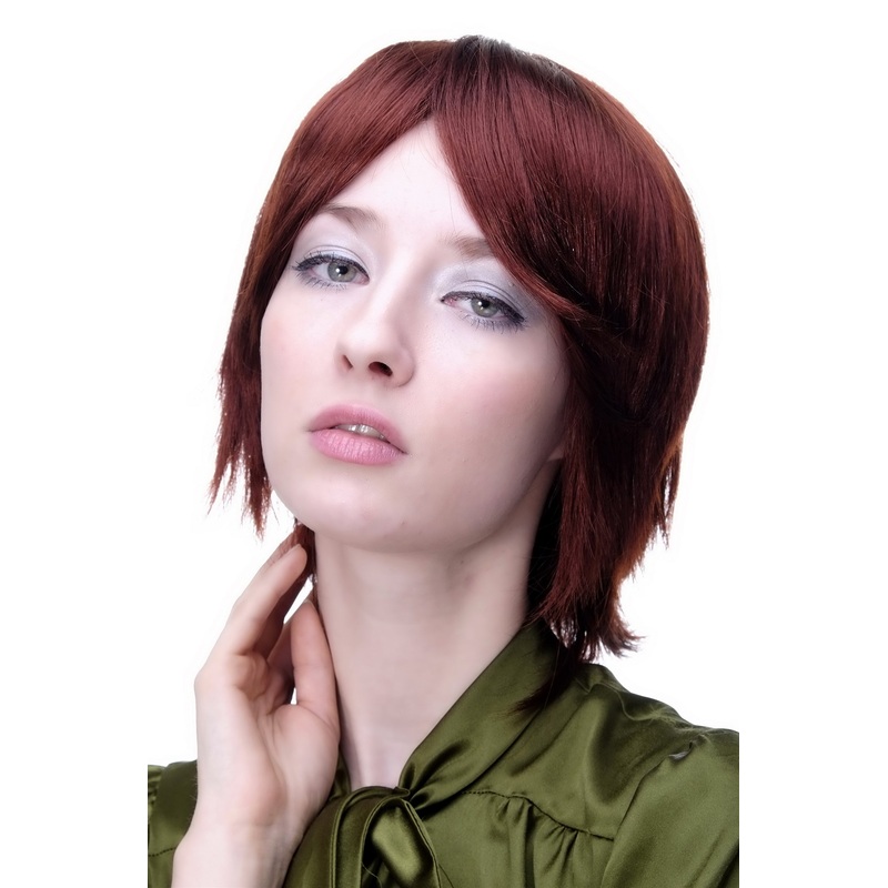 Lady women w ig short coy & naugthy auburn reddish browbn cute side parting 1109