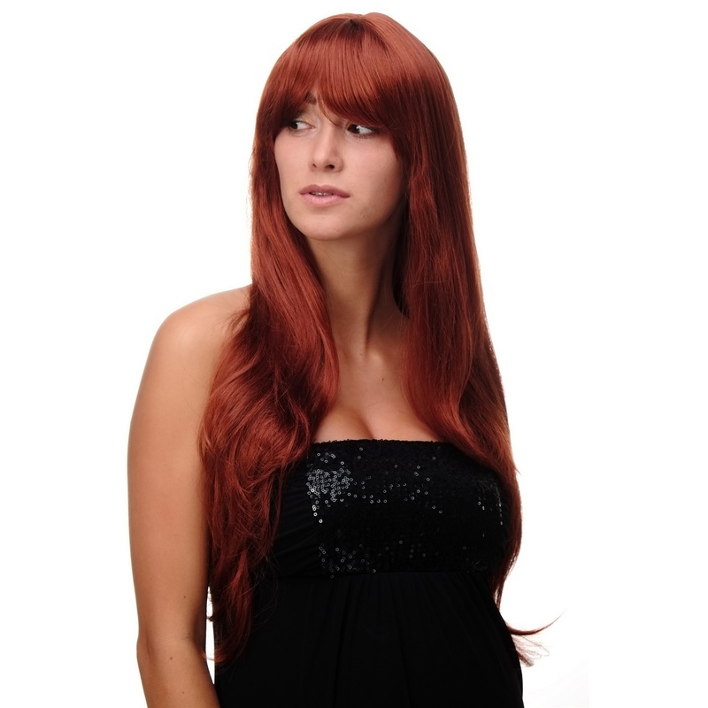 Lady women wig very long fringe part to side straight dark copper red 3111