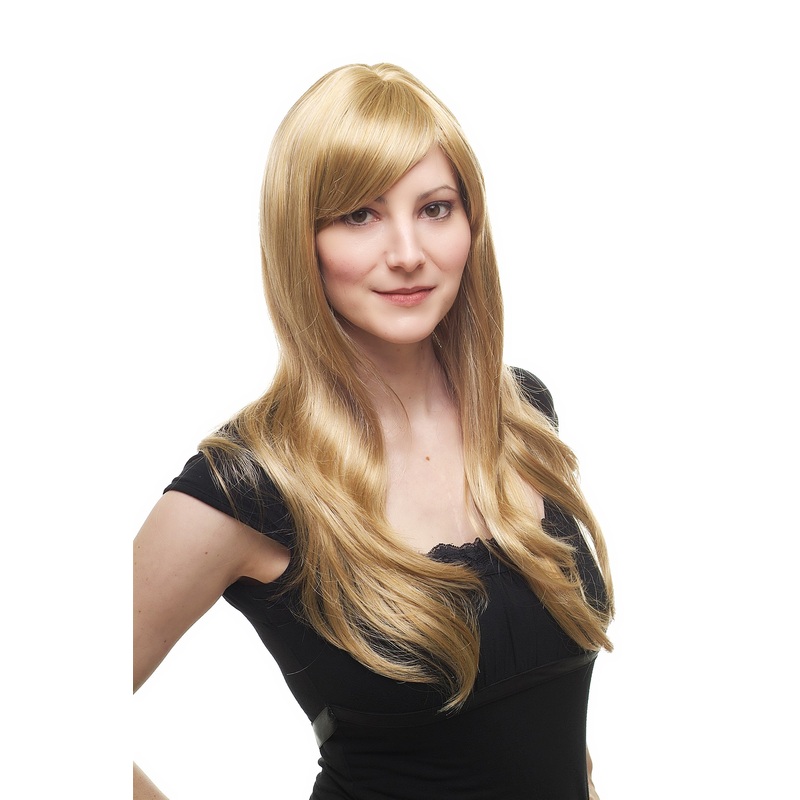 Long Lady Women Wig honey blond highlights fringe as side parting straight 9213