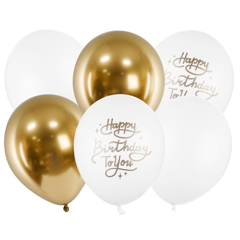 6 gold and white birthday balloons 30cm