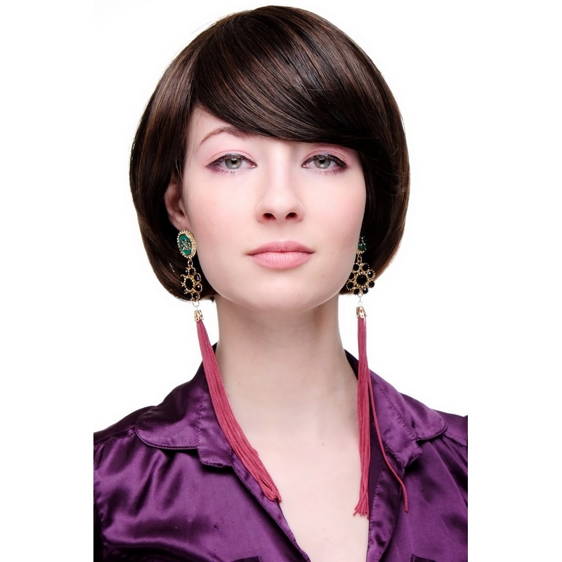 Lady Wig Bob short volume fringe parted to side chestnut brown mix SA063-2T30