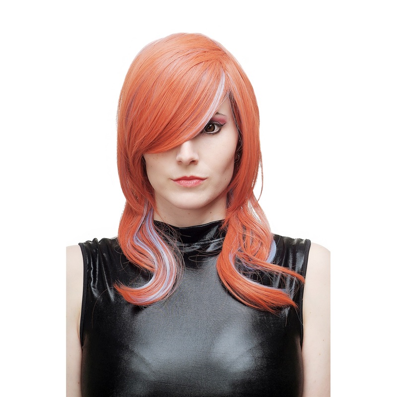 Lady Women Wig Cosplay long red cyan fringe parted Punk Emo Goth H9001
