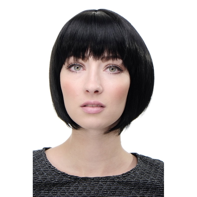 Lady women wig short Bob fringe bangs straight femdom Mistress deep black 703