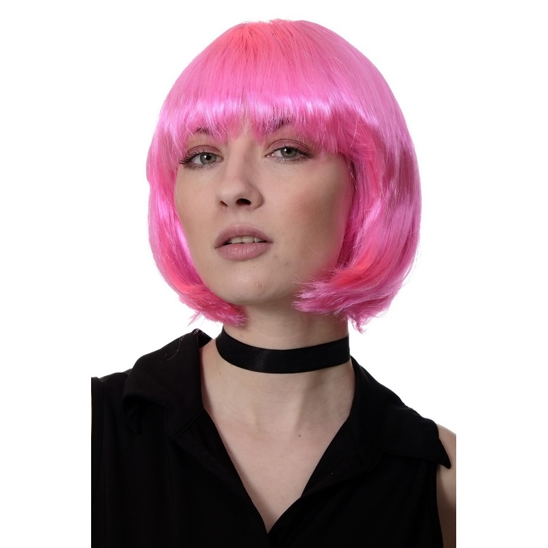 Party Halloween Disco lady women wig Bob fringe bangs short sexy pink PW0114
