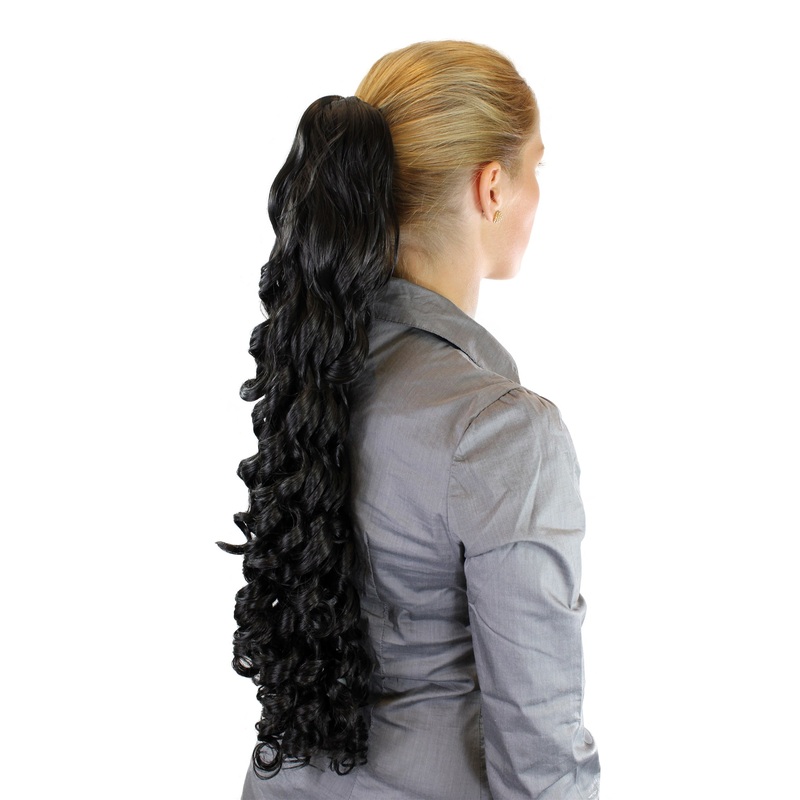 Ponytail Hairpiece extension very long curled ringlets dark brown clamp JL-3111