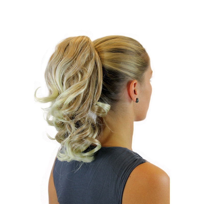 Hairpiece Ponytail comb draw string short wavy voluminous blond streaked JL-3023