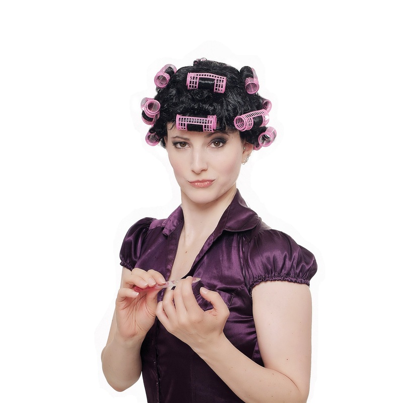 Halloween Lady Women Wig black Hair Curlers trashy housewife landlady drag 4204
