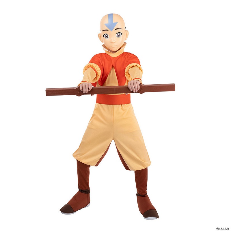 Kids Deluxe Avatar: The Last Airbender Aang Jumpsuit Costume with Staff