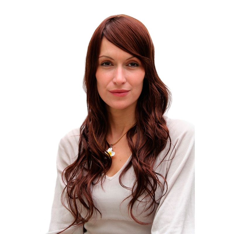 Lady women wig cute parting wavy waved long mahagony copper brown mix 9320