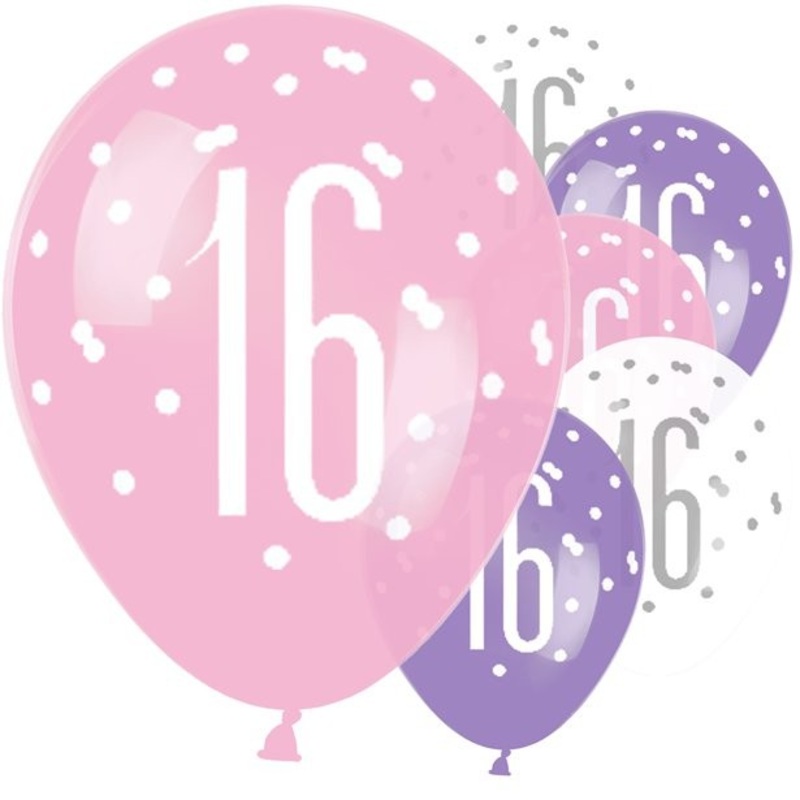 6 Pink Dots 16th Birthday balloons 30cm