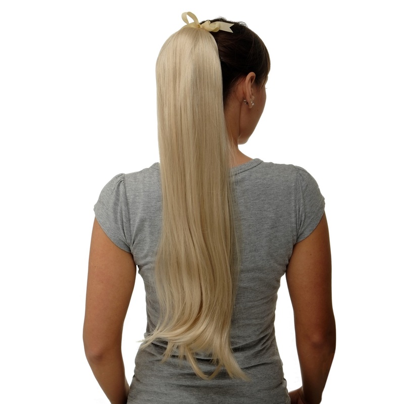 Hairpiece Ponytail comb ribbon wrap-around long straight bright blonde D13001
