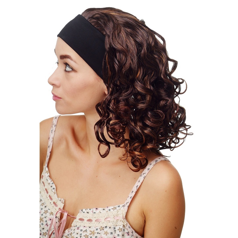 Lady wig black head band medium length curled mahogany blonde highlights BRO-704