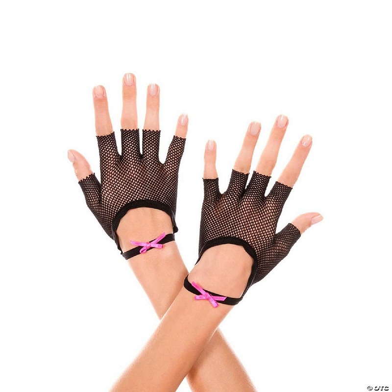 Music Legs 477-BLACK-PINK Fishnet Fingerless Gloves with Satin Bow Wrist Band – Black & Pink