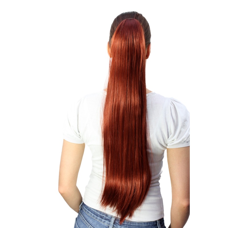 Hairpiece Ponytail Extension extremely long straight sleek dark copper red T113-350