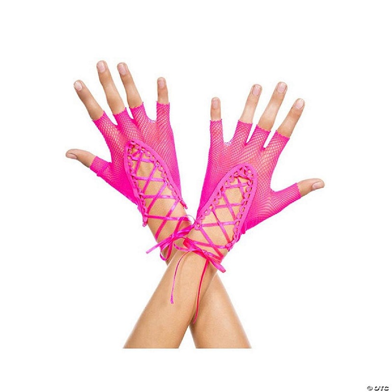 Music Legs 413-HOTPINK Lace Up Wrist Length Fishnet Fingerless Gloves, Hot Pink