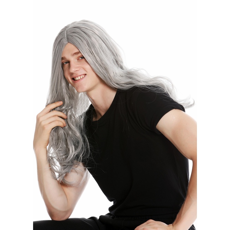 Party wig men women long wild middle parting old rocker hippie gray grey LM-155