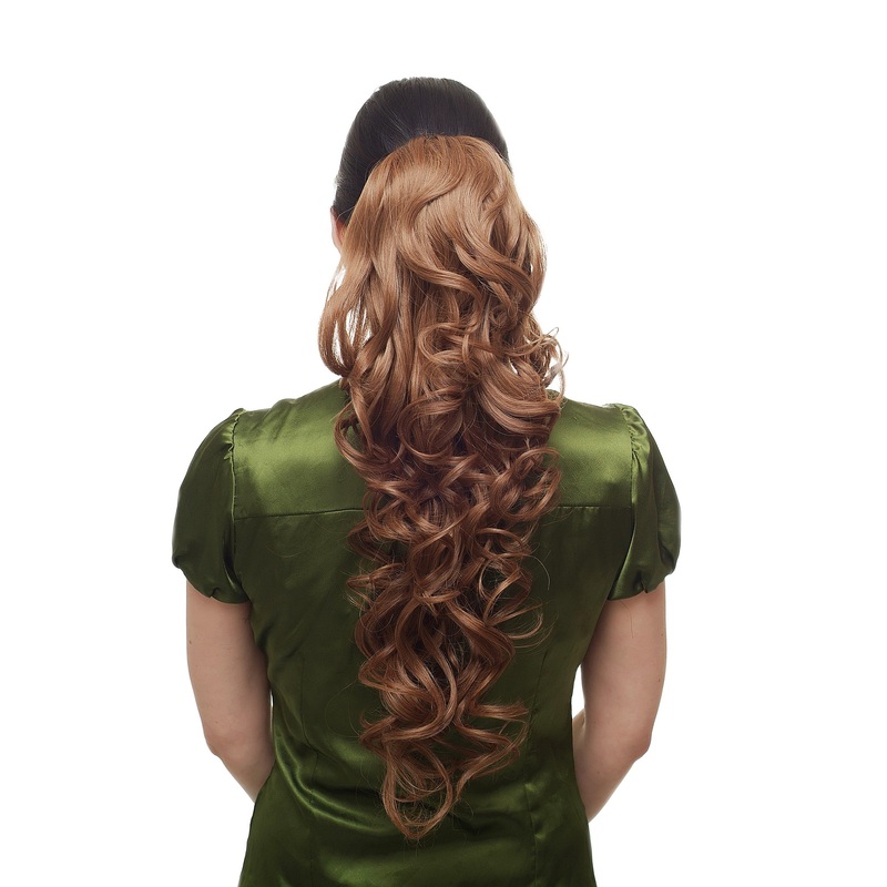 Hairpiece Ponytail combs & draw string curled curls very long medium brown WK03-58