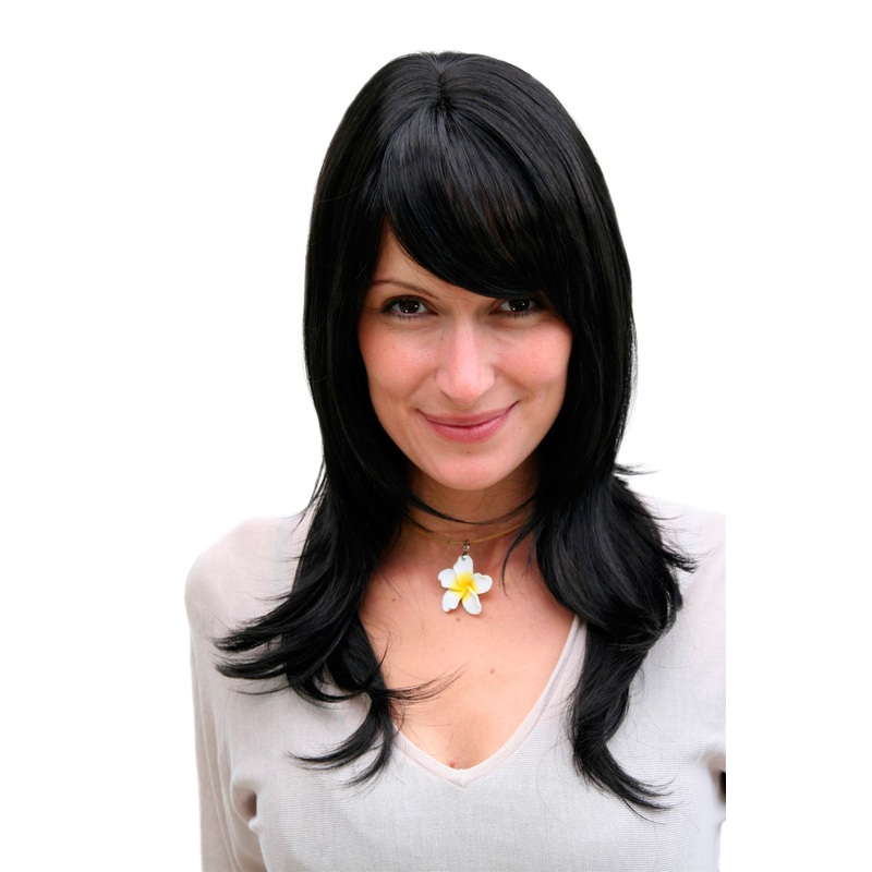 Lady wig black layered straight medium length Gothic long fringe parted 4038