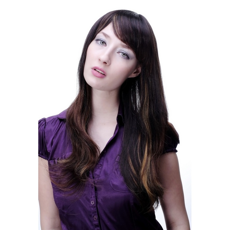 Long Lady Women Wig mahogany brown blond highlights fringe parting straight 9213