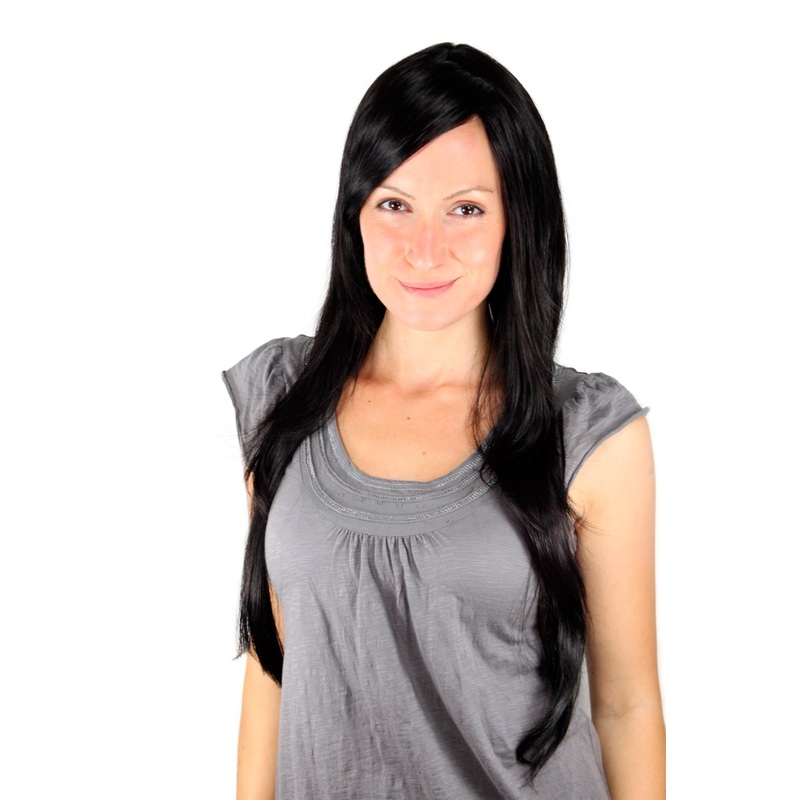 Lady wig medium length long fringe worn to side straight layered off black 3110