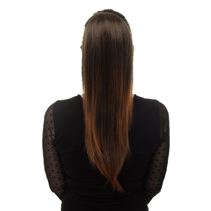 Ponytail clamp combs string straight voluminous very long chestnut brown WK06