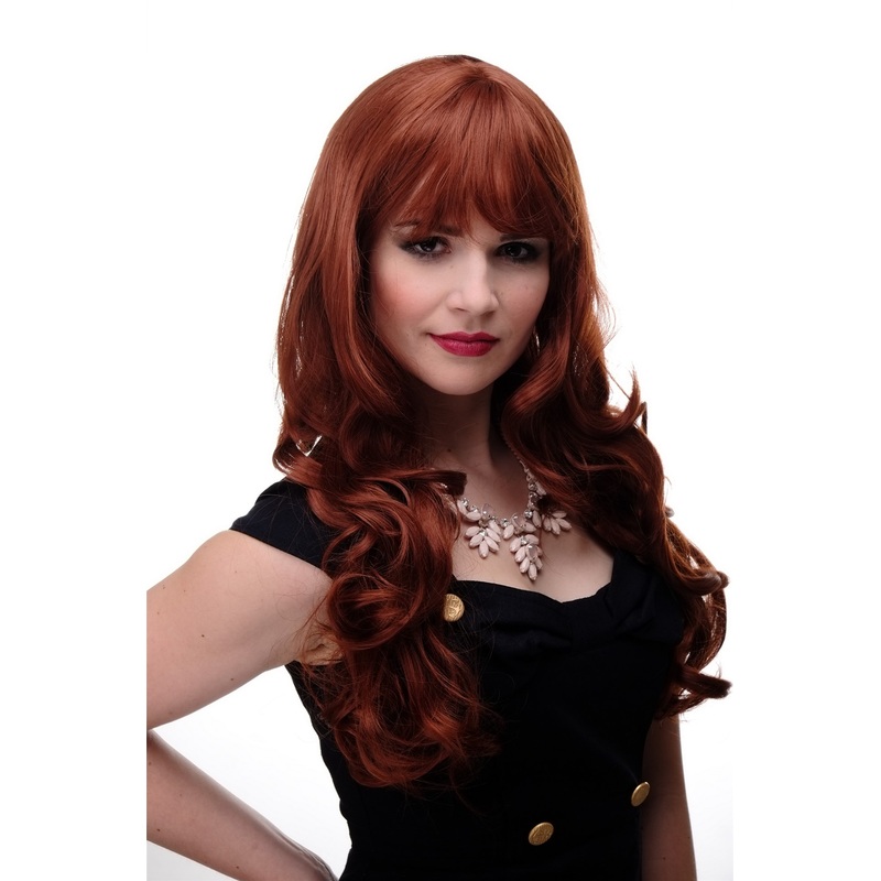 Lady women wig very long curling tips straight top fringe bangs copper red 285
