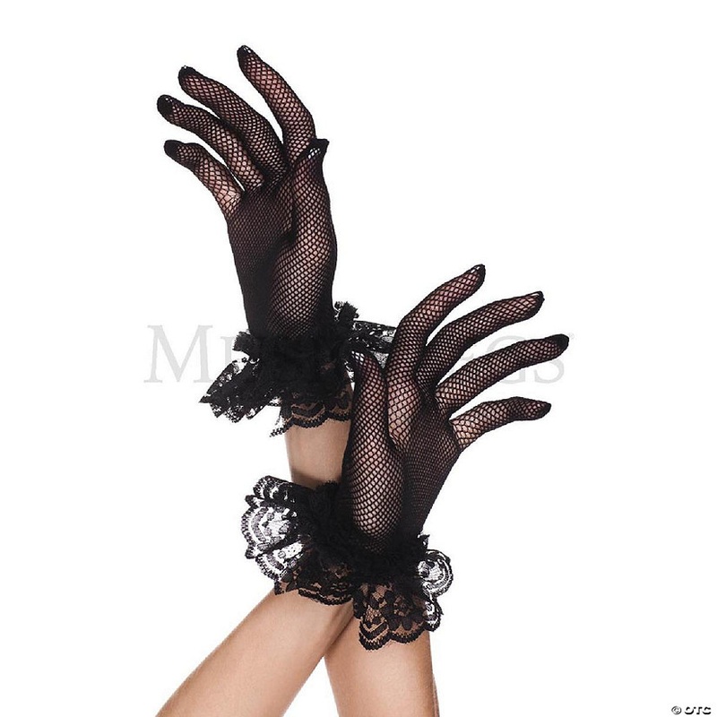 Music Legs 460-BLACK Lace Ruffle Fishnet Gloves – Black – One Size